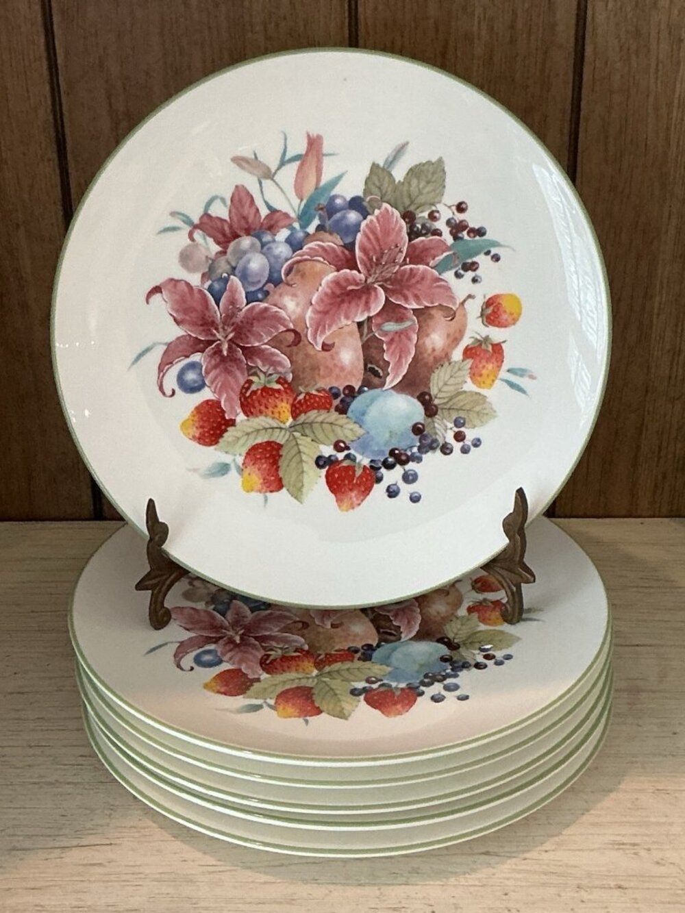 Royal Kent Staffordshire Fruit Floral Salad Plates Set 6 Bone China Green Rim 8"